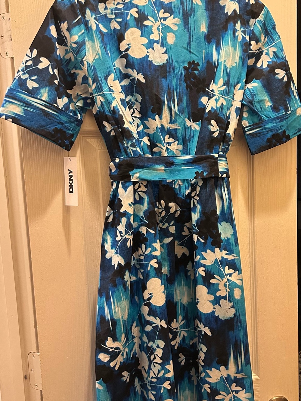 DKNY Blue and White Floral Midi Shirt Dress with Tie Waist - Picture 2 of 7